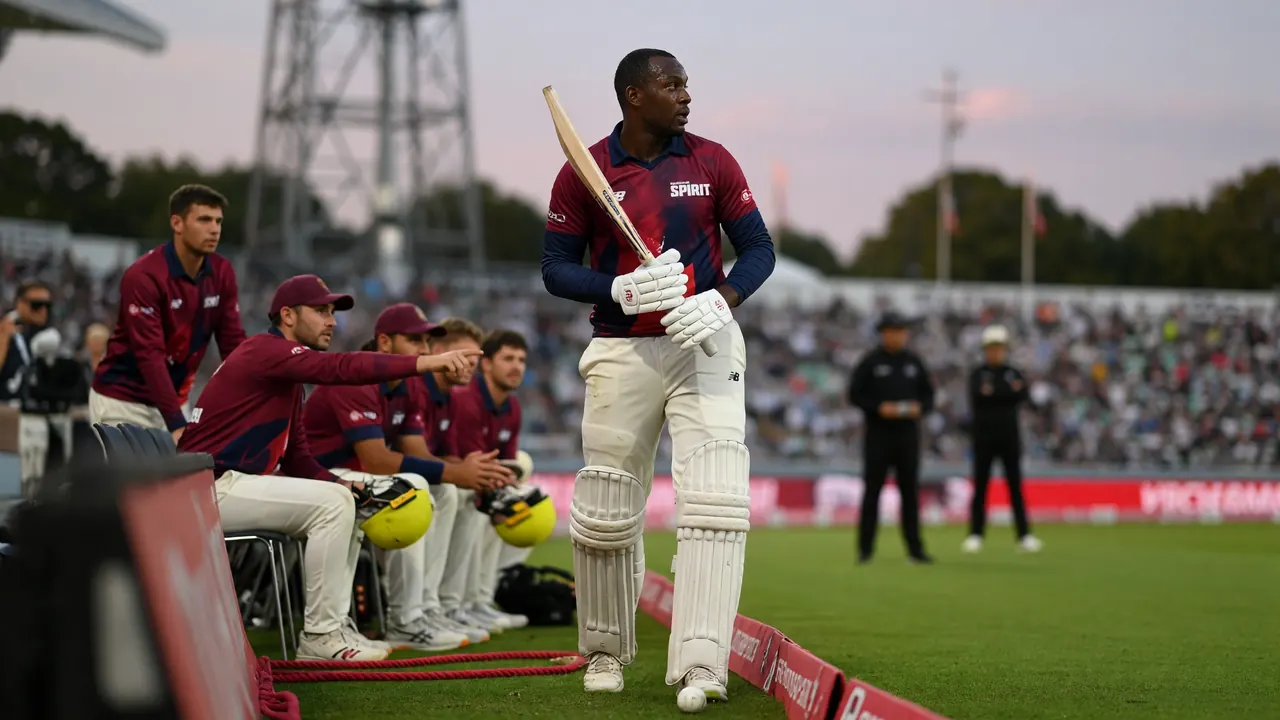 Cricket batter driving through the off side during a floodlit short-format innings with the bowler still in follow-through