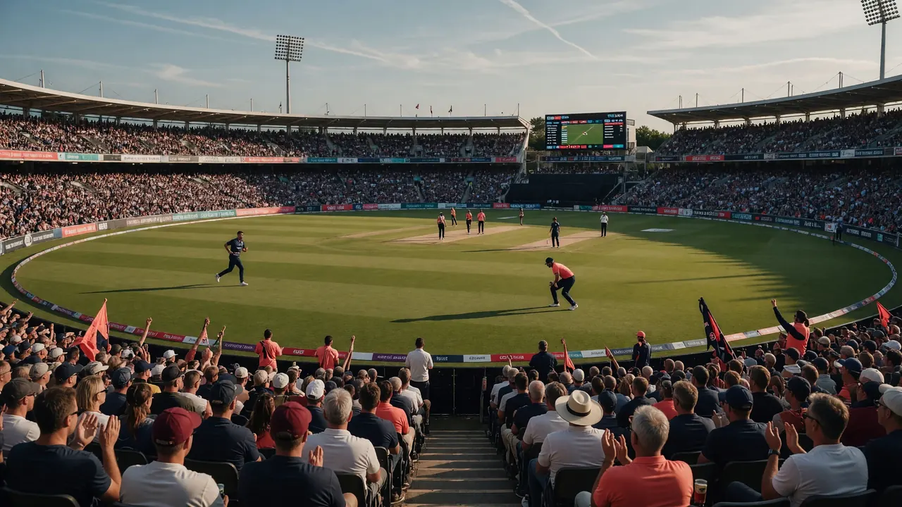 Wide evening view of a packed cricket ground with the outfield lit and spectators filling the stands before a short-format match
