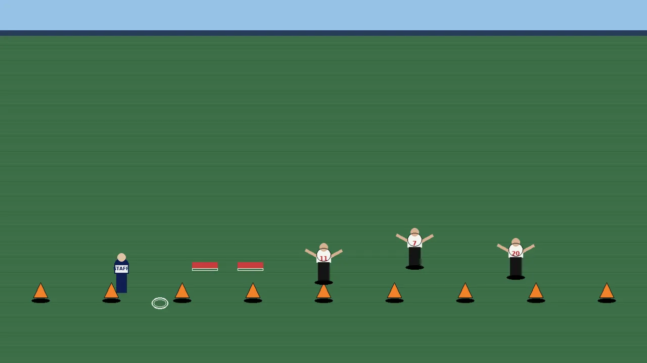 Fulham players in white shirts running a press drill against a coaching figure on a training pitch with orange cones