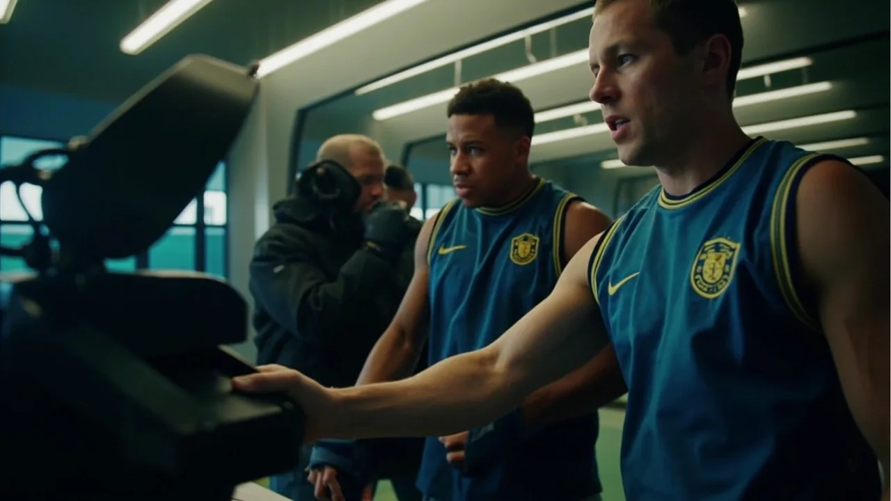 Football players moving through a tactical exercise on a training pitch with a coach observing from the sideline